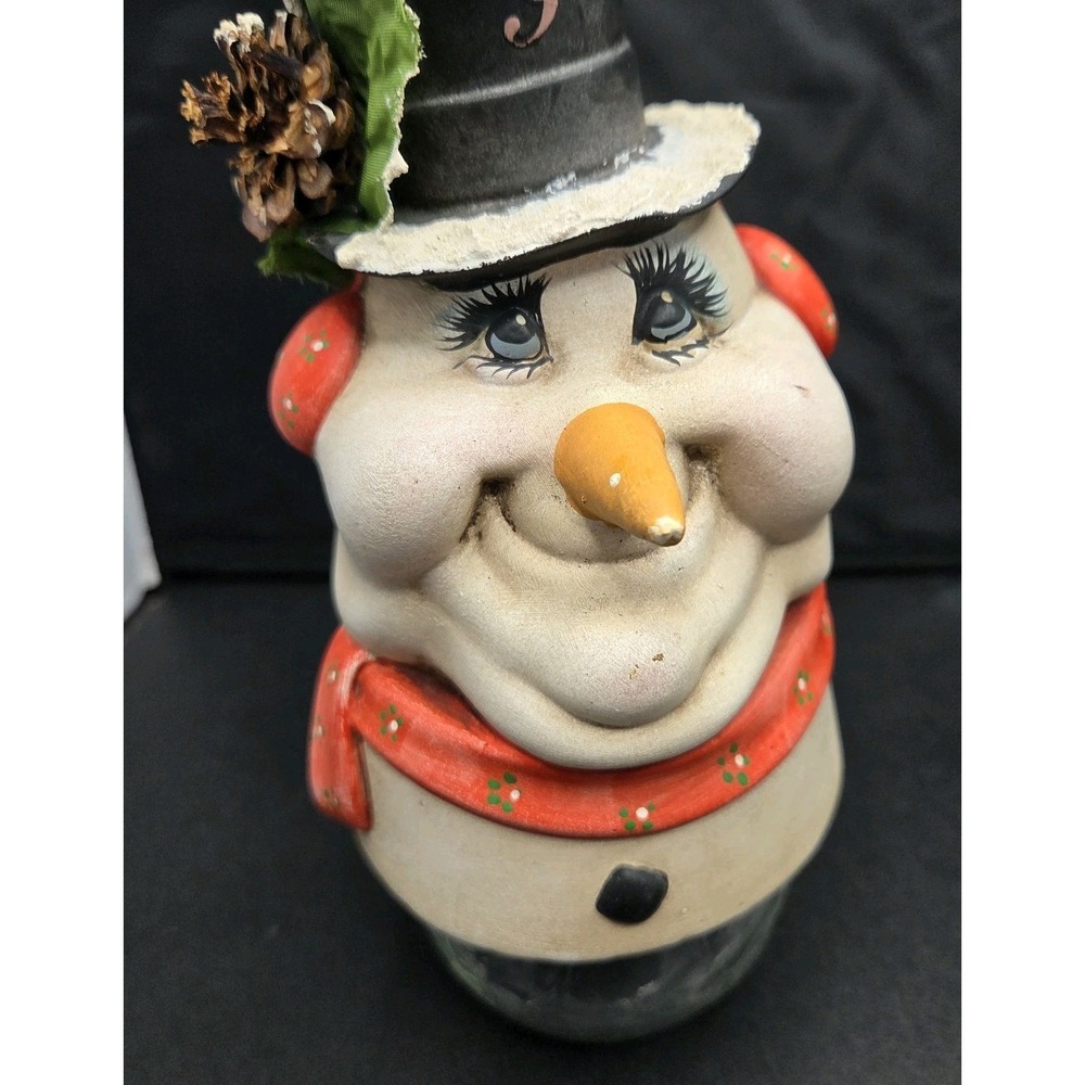 Vintage Snowman Glass Candy Jar Bank Christmas Decor Hand Painted
